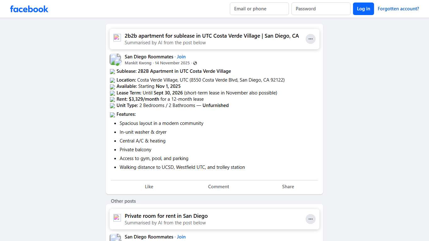 San Diego Roommates **🏡 Sublease: 2B2B Apartment in UTC Costa Verde Village** Facebook