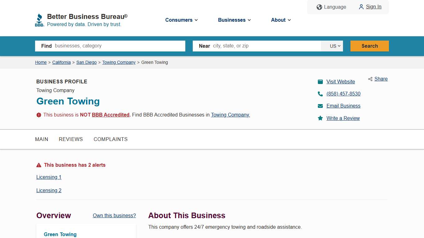 Green Towing BBB Business Profile Better Business Bureau